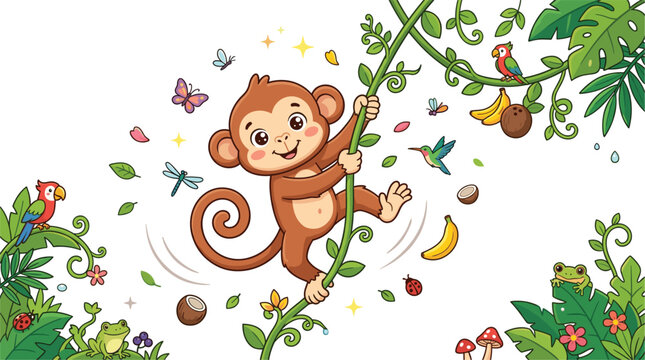 Cute cartoon monkey swinging on jungle vine with parrot tropical birds frog and banana fruits wild rainforest nature vector illustration