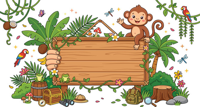 Cute cartoon monkey on wooden signboard template with tropical jungle leaves parrot frog safari gear and rainforest nature vector illustration
