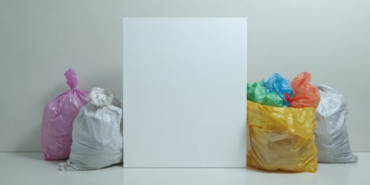 Colorful bags filled with trash next to a blank white square simple studio background