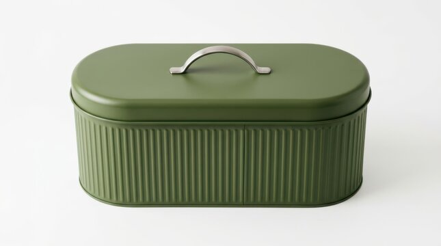 Olive green metal bread box container with ribbed texture, breadbox