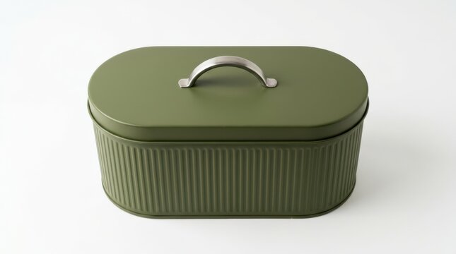Olive green metal storage bin with ribbed exterior and lid, container