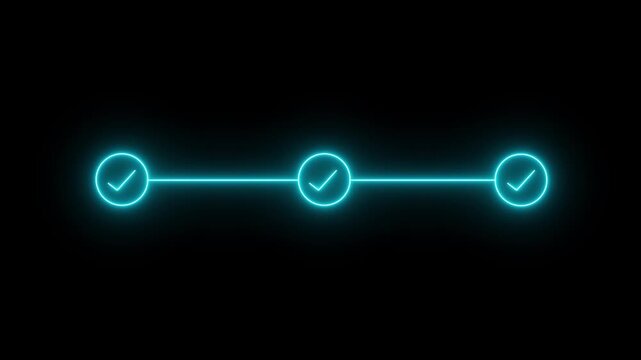neon 3 step infographic process with check mark icon. infographic step by step process icon animation on black background, step process success with check marks. Step-by-Step Guide: Business Steps. .