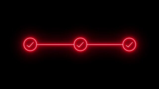 neon 3 step infographic process with check mark icon. infographic step by step process icon animation on black background, step process success with check marks. Step-by-Step Guide: Business Steps. .