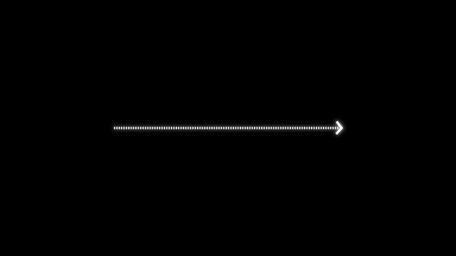 right arrow direction icon with dotted line animation on Black background. dot arrows icon sign animated with alpha channel. white straight arrows animation. Reveal animation of solid, dashed.4k