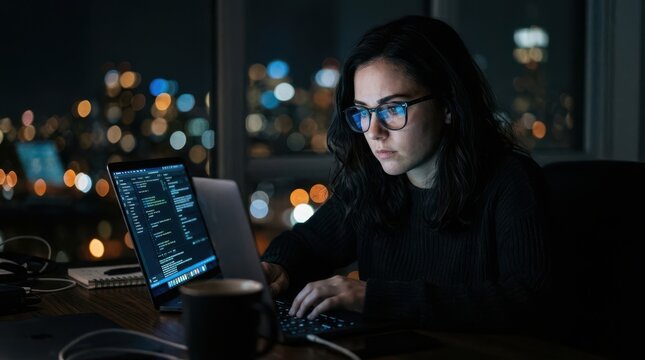 Focused young woman programming on laptop late at night in office