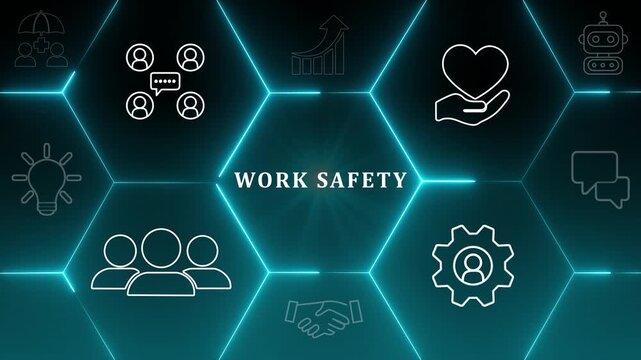 Work safety concept. Safety at workplace, safety first, hazards, protections, health, regulations and group insurance. Working standard process. Zero accidents. Operational excellence. HSE concept. 4K