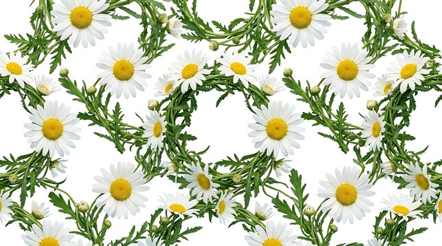 Seamless floral pattern of white daisy wreaths on white background