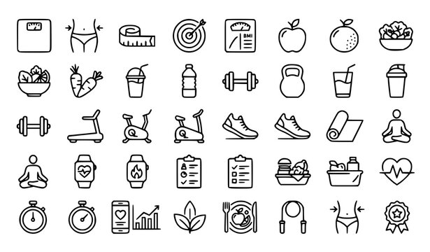 Weight loss and diet editable stroke line icon collection featuring nutrition fitness and wellness symbols