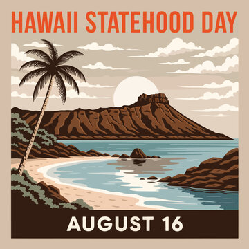 Vintage Hawaii Statehood Day Poster with Diamond Head and Palm Tree