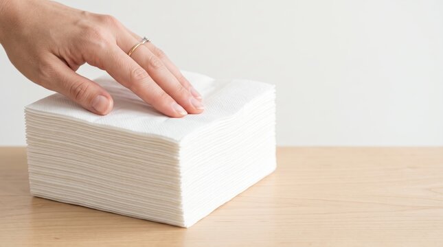 Woman hand smoothing stack of paper napkins on table