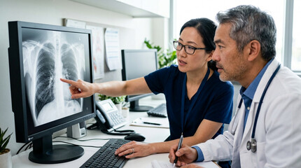 Fototapeta premium Doctor and nurse analyze X-ray scan of lungs on computer screen in clinic