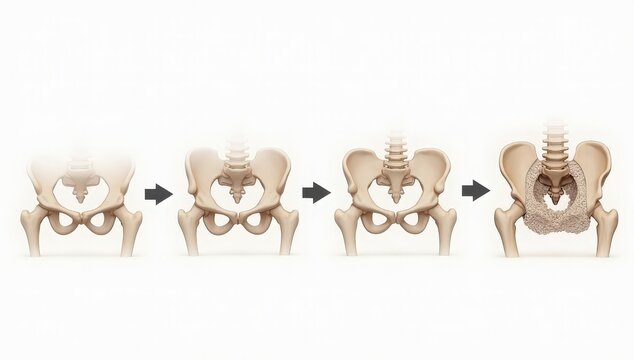 A medically accurate illustration showing the four stages of bone healing from fracture to complete recovery. Transparent anatomy reveals skeletal structure, bone regeneration, and osteoblast activity