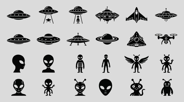 Alien Spaceships, UFOs, Robots, Cartoons and Planets Vector Icons