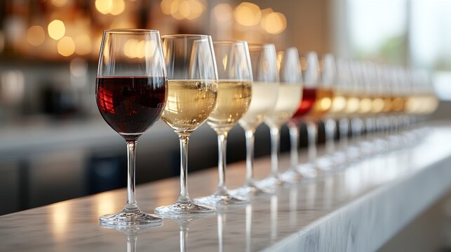 Row of wine glasses filled with different colored wines on a bar