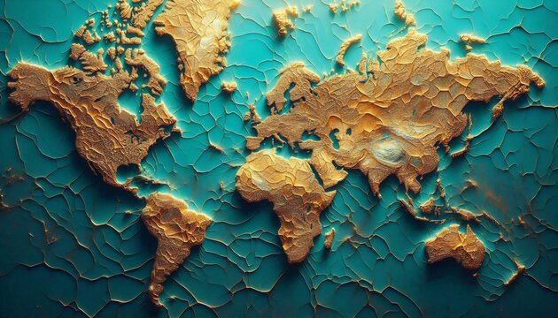 Textured golden world map featuring intricate fractured patterns over a deep teal