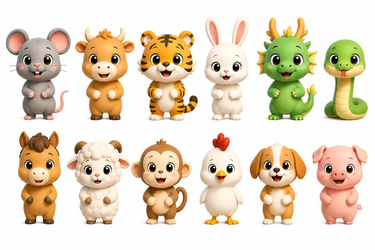 Cute 3D Chinese Zodiac Animal Characters Set, Kawaii Chibi Mascot Collection, Twelve Zodiac Animals Standing Isolated on Black Background, Glossy Cartoon Style, AI Generated