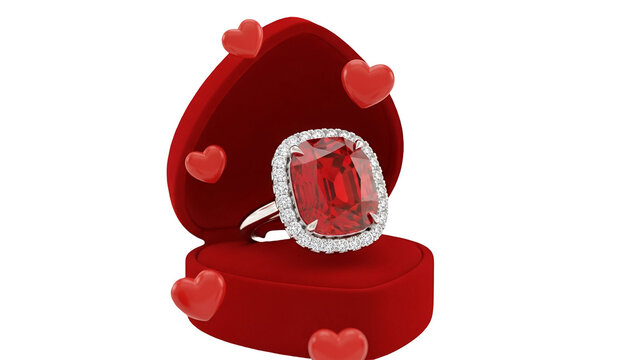 Radiant ruby engagement ring featuring a large gemstone surrounded by sparkling diamonds set inside a luxurious red heart shaped box