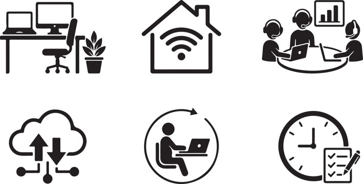 Six black and white icons representing remote work concepts Vector