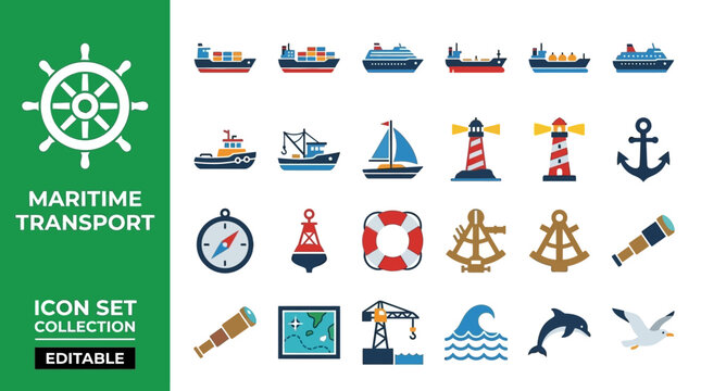 Maritime transport icon collection featuring ships, boats, anchors, lighthouses, and nautical symbols for shipping and travel
