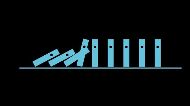 Dominoes falling in a chain reaction, flat motion graphic overlay on transparent background, blue