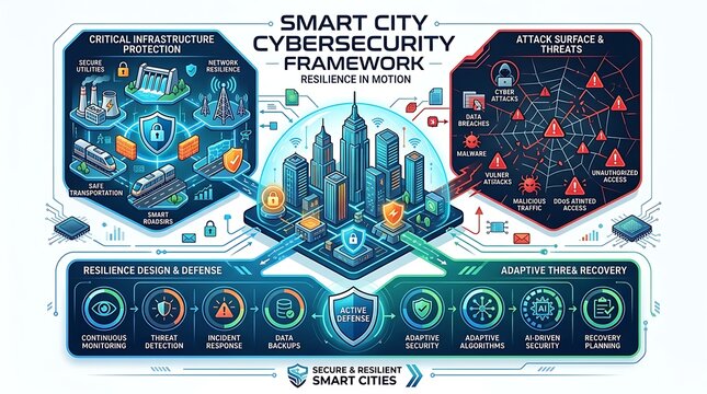 Smart city cybersecurity framework illustrating urban digital defense