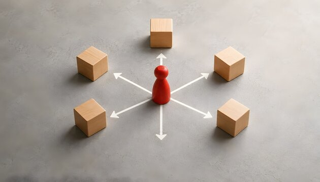 Business delegation and task distribution strategy concept featuring central red wooden pawn directing arrows to wooden blocks.