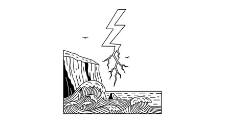Stormy sea with lightning striking near coastal cliffs line art © jord
