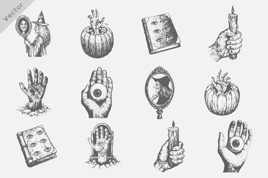 Halloween element set illustration including Eye in a Hand, Hand Coming Out of a Pumpkin, Hand Holding a Candle, Hand Rising from a Grave in vintage engraving style vector. Hand drawn sketch Halloween