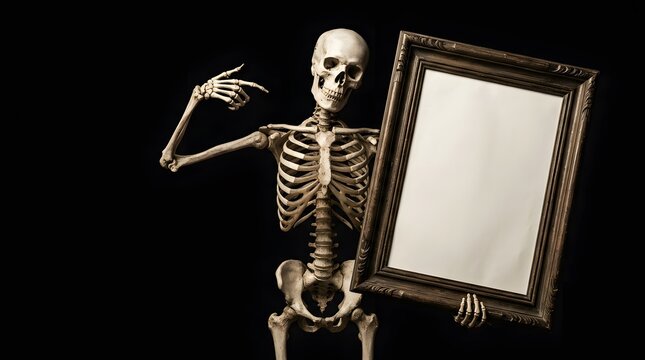 Skeleton posing elegantly next to an ornate empty picture frame