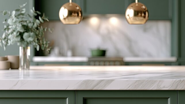 Modern green kitchen featuring marble island and gold pendant lights
