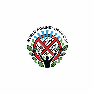 World Against Drug Day emblem design with forbidden sign and syringe.