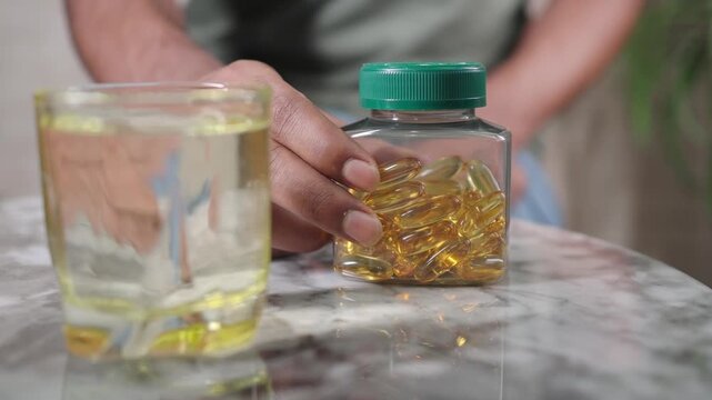 Man prepares to take fish oil capsules at home