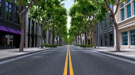 Obraz premium Quiet city street with lined trees, wide road, clear sky; colorful buildings flank the empty urban path