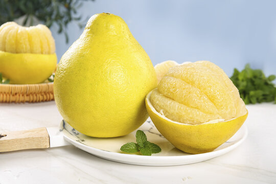 Fresh Pomelo Citrus Fruit from Guangdong Guangxi China Sweet Shatian Variety with Mint Garnish