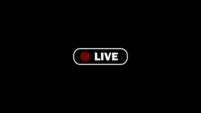 Black live button on white background, simple live streaming icon looped animation with alpha. Animated of live streaming and broadcasting concept.