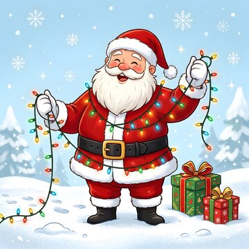 Jolly Santa Claus holding colorful Christmas lights in snowy forest