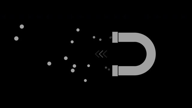 Horseshoe magnet attracting particles, flat motion graphic overlay on transparent background, gray