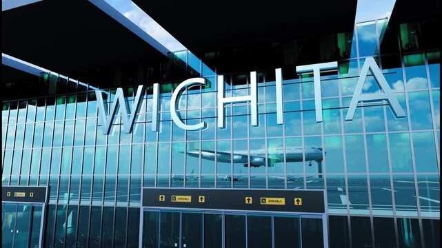 Airlane landing at Wichita, USA. Arrival in the city with reflection of airport and aircraft