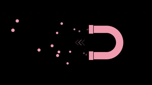 Horseshoe magnet attracting particles, flat motion graphic overlay on transparent background, pink