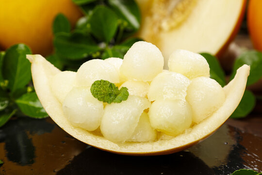 Premium Honeydew Melon Balls in Natural Bowl with Mint - Fresh Shaanxi Quality Fruit Crop