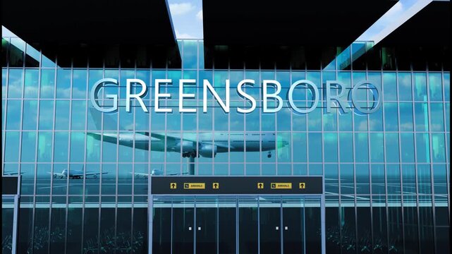 Airlane landing at Greensboro, USA. Arrival in the city with reflection of airport and aircraft