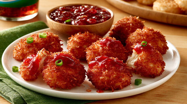 Crispy fried appetizer balls served with tangy red dipping sauce appetizer delicious