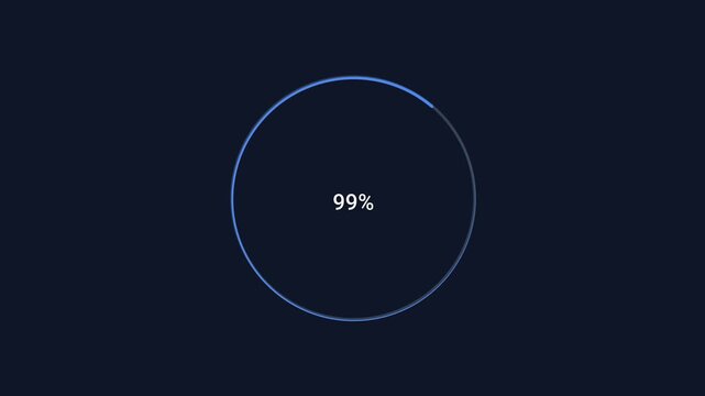 Animated flat vector motion graphic featuring a circular percentage progress indicator displaying 99 percent on a dark background. Ideal for loading screens, dashboards, user interfaces, and technolog