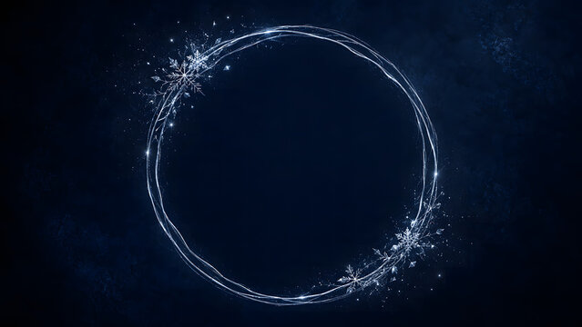 Beautiful winter snowflake circle frame with icy silver metallic ring on dark blue background. generated by AI.
