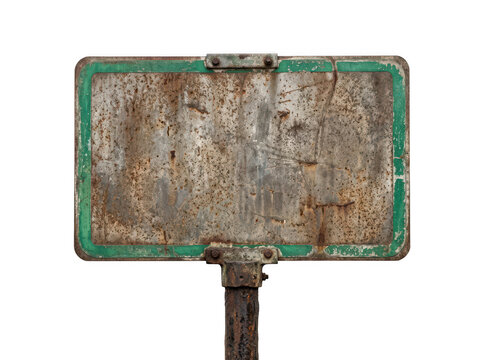 Old rusty metal sign on a post isolated on transparent background