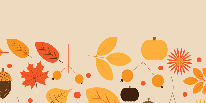Colorful autumn leaves and pumpkins pattern border for fall season design