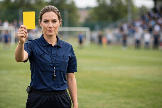 Female Soccer Referee Holding Yellow Card