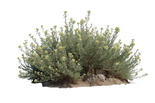 Desert shrub flowering with yellow blossoms, growing in arid landscape, cut out on transparent background