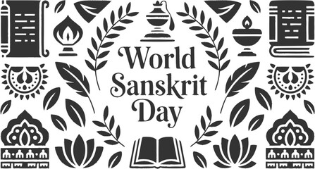 Fototapeta premium World Sanskrit Day banner design featuring central typography framed by laurel branches surrounded by traditional indian motifs ancient scrolls diya lamps lotus flowers inkpot feather quills and scrip