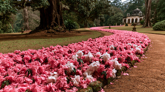A winding garden path covered in pink flower petals under old trees with blooming